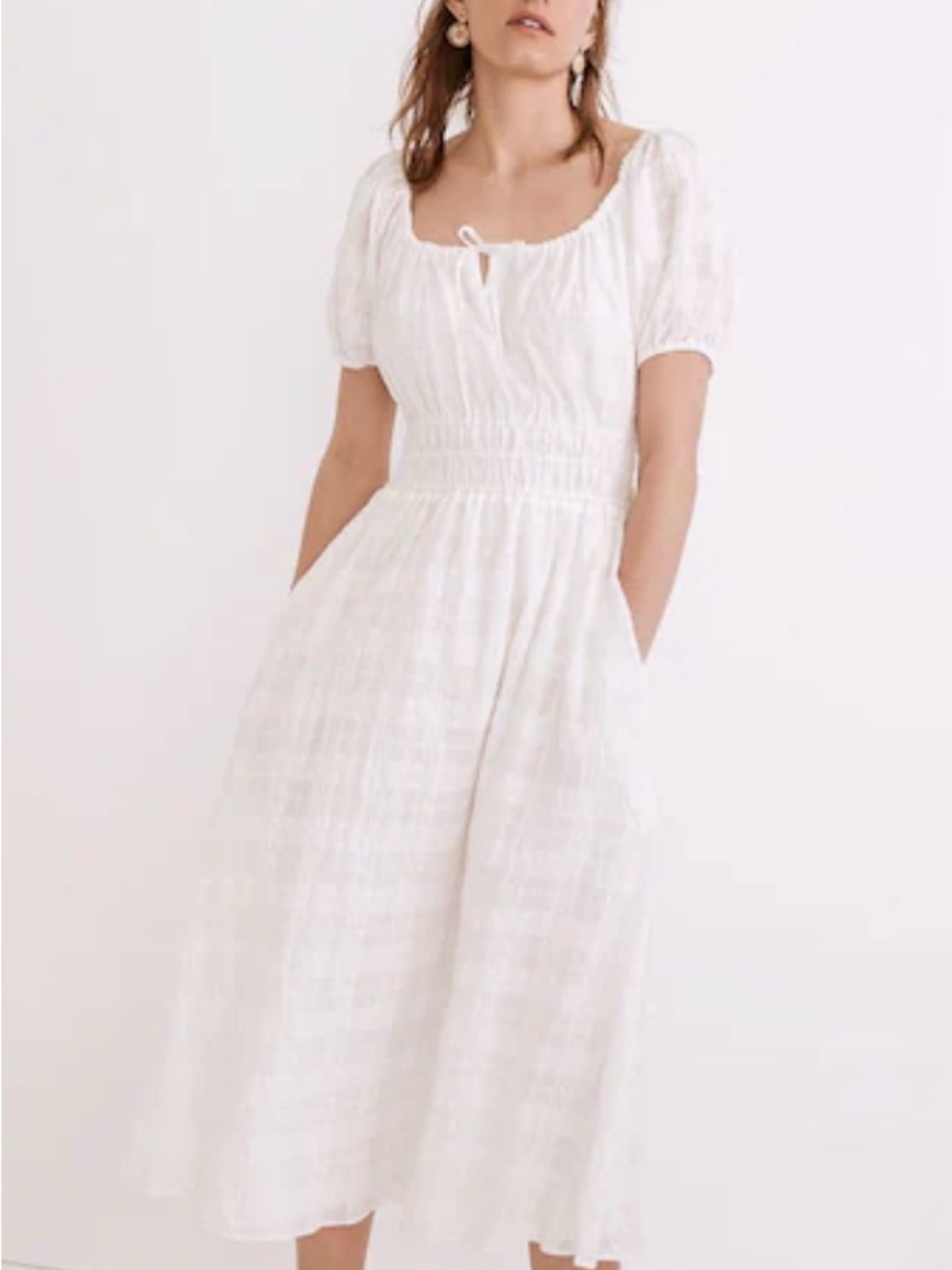 Madewell Sophia White Midi Dress. Puff short sleeve with smocking. Size Small.